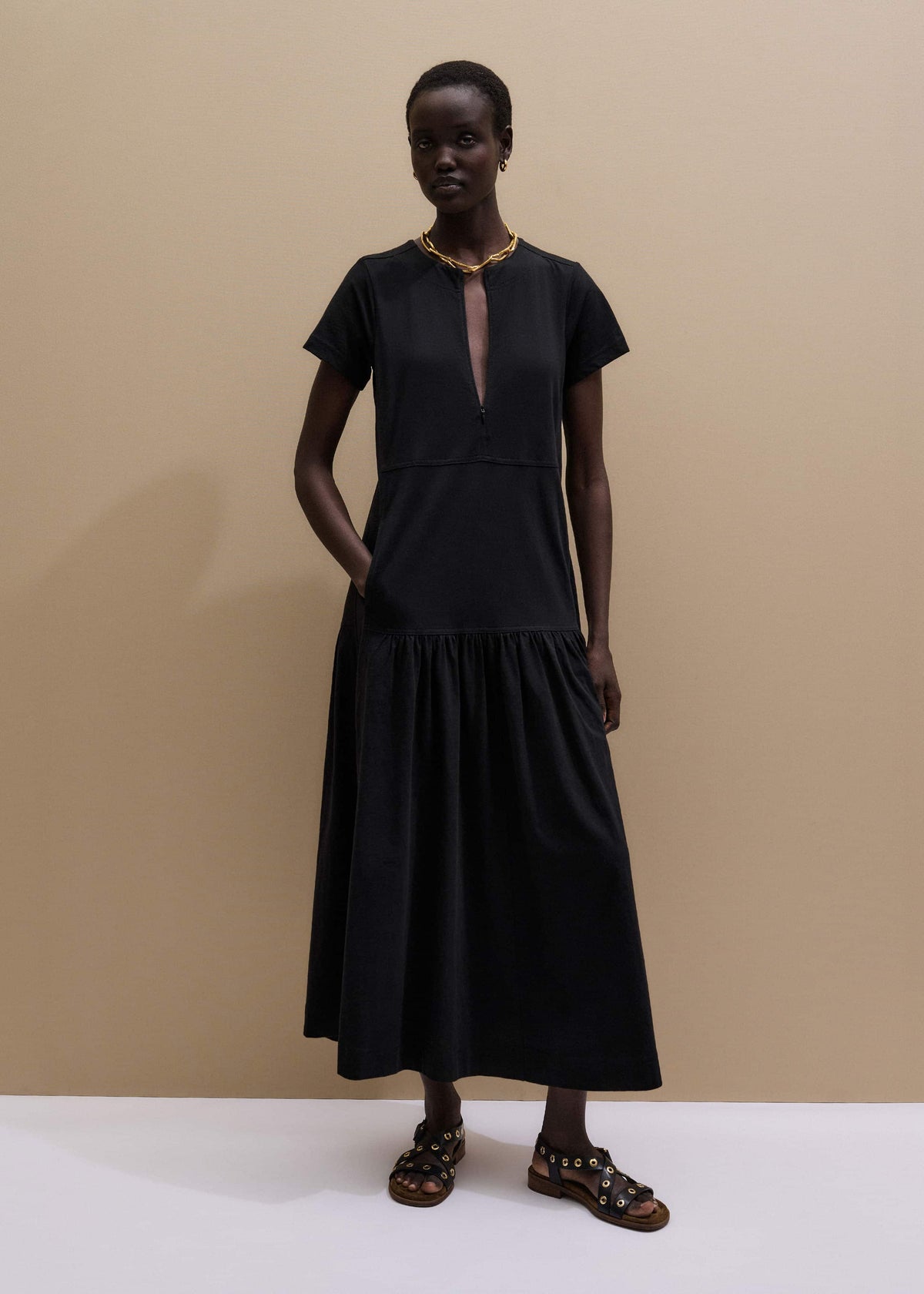 ME+EM Black A-Line Tiered Maxi Dress