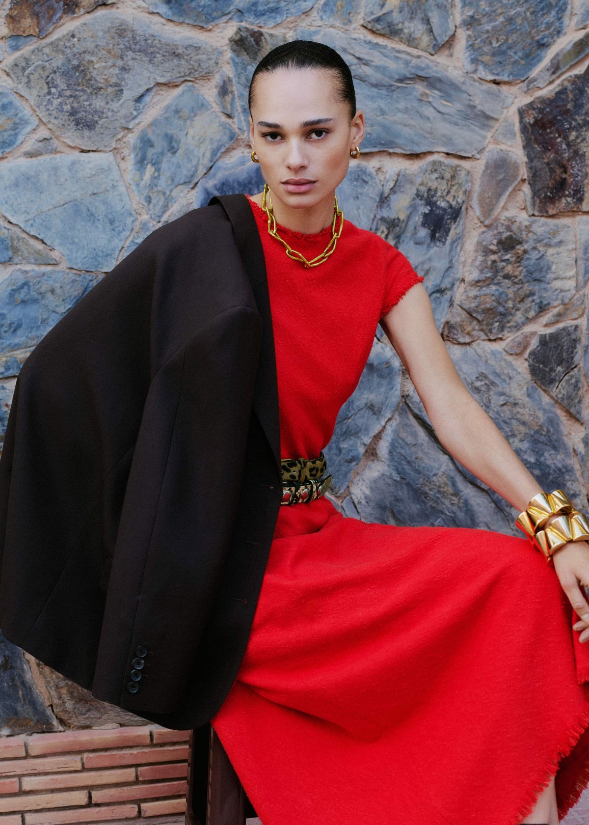 ME+EM Red Bias Cut AM-PM Maxi Dress