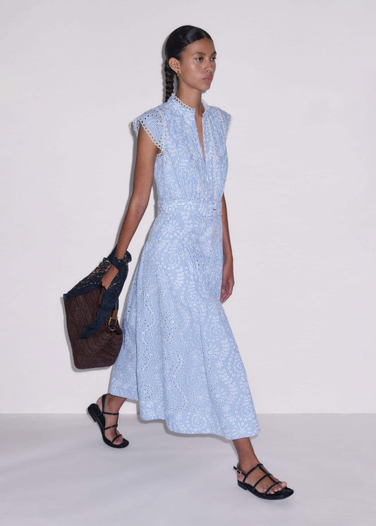 ME+EM Blue Broderie Anglaise Fit + Flare Maxi Dress