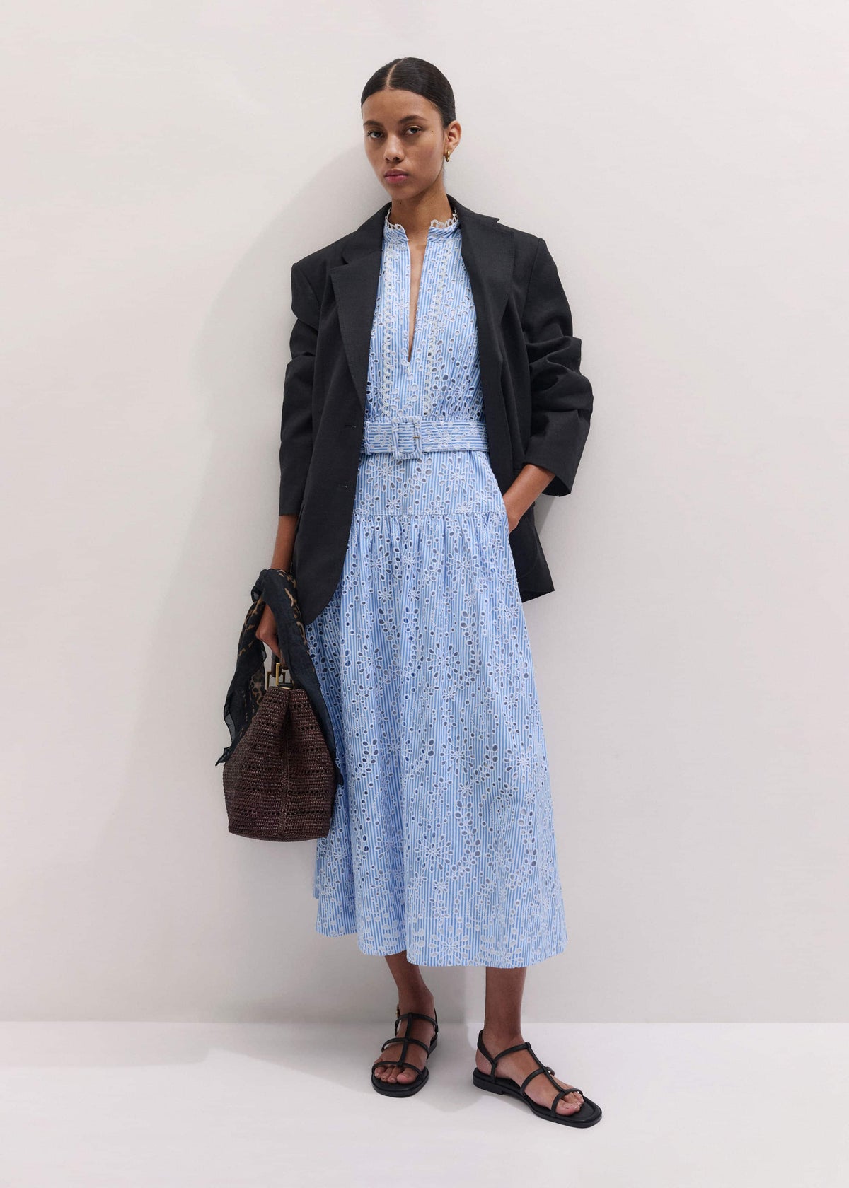 ME+EM Blue Broderie Anglaise Fit + Flare Maxi Dress
