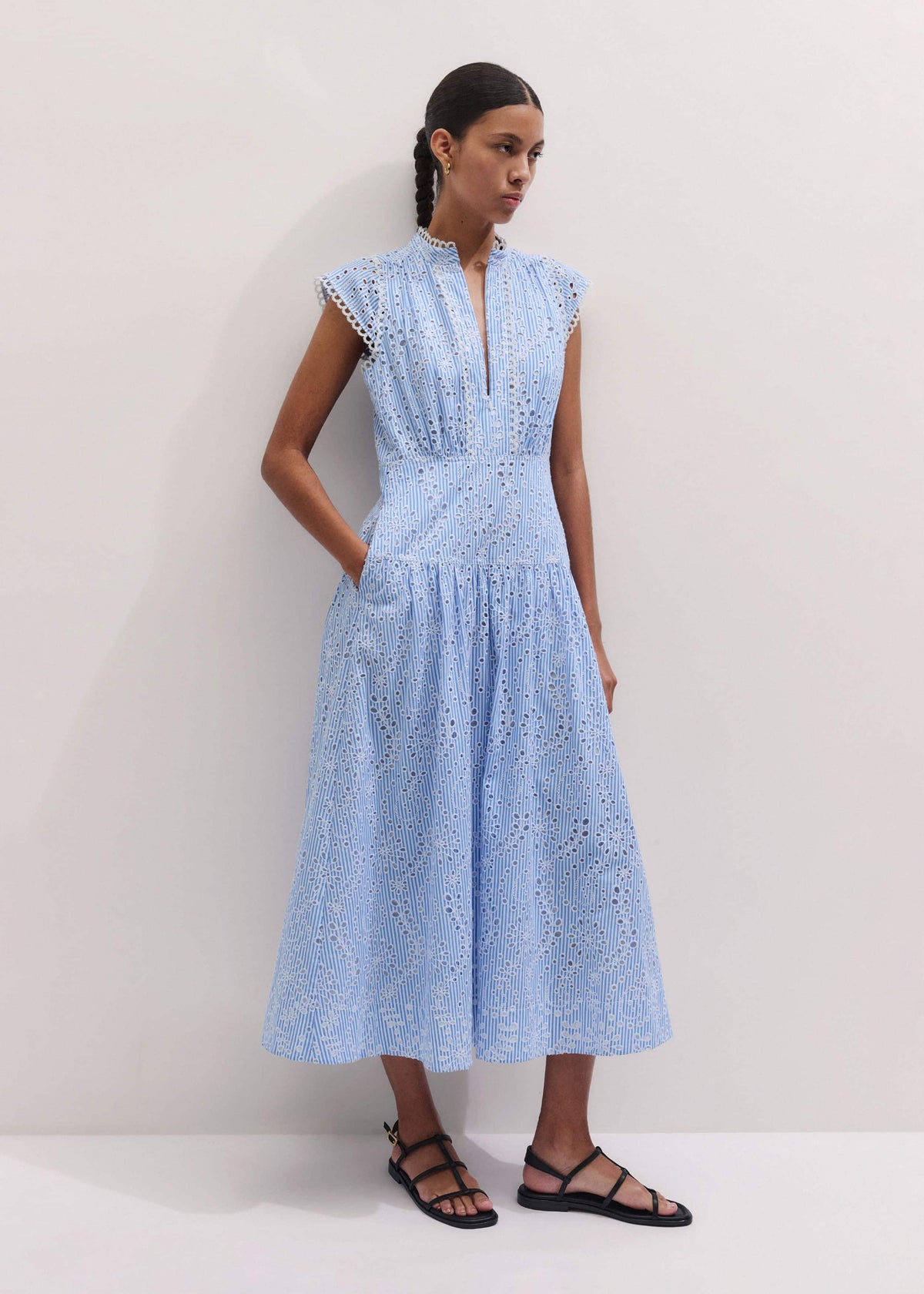 ME+EM Blue Broderie Anglaise Fit + Flare Maxi Dress