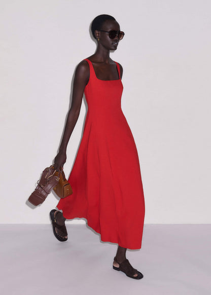 ME+EM Red Contour Seam Fit + Flare Maxi Dress