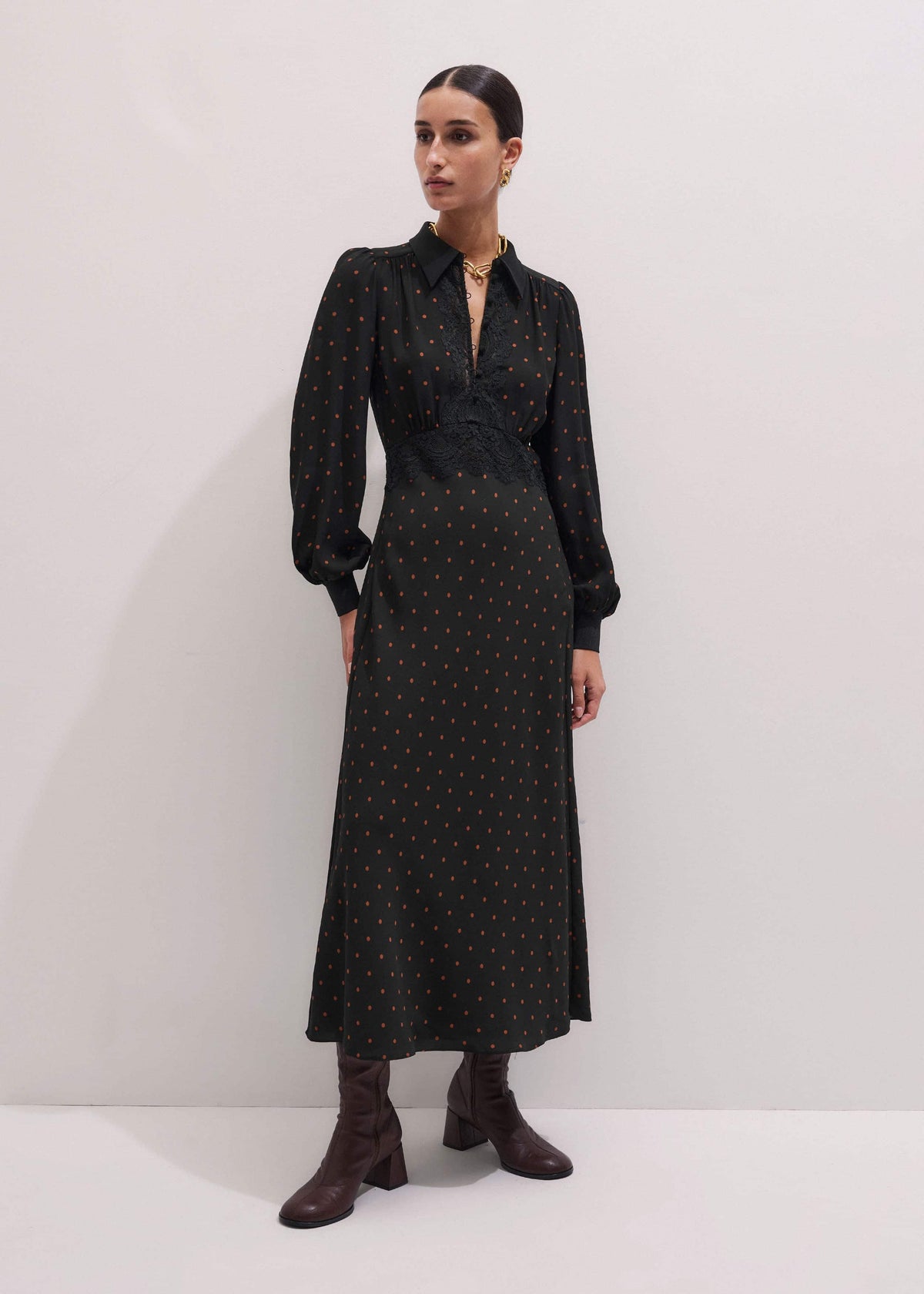 ME+EM Black Winter Polka Dot Lace Trim Maxi Dress