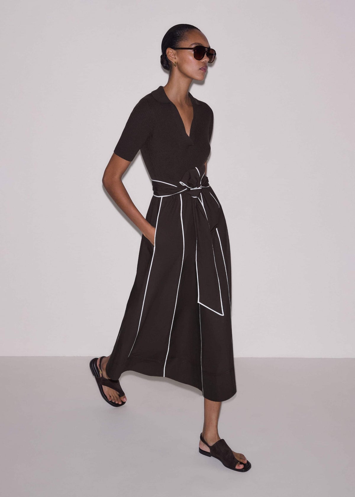ME+EM Brown Mixed Media Fit And Flare Midi Dress + Belt