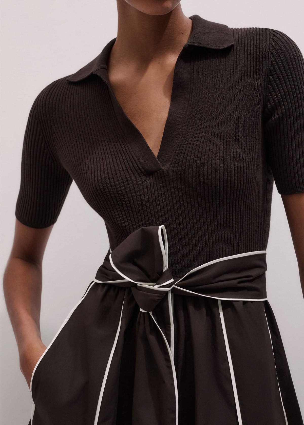 ME+EM Brown Mixed Media Fit And Flare Midi Dress + Belt
