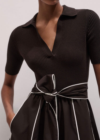 ME+EM Brown Mixed Media Fit And Flare Midi Dress + Belt