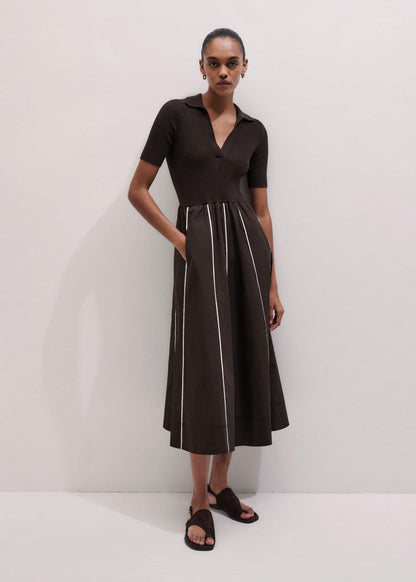 ME+EM Brown Mixed Media Fit And Flare Midi Dress + Belt