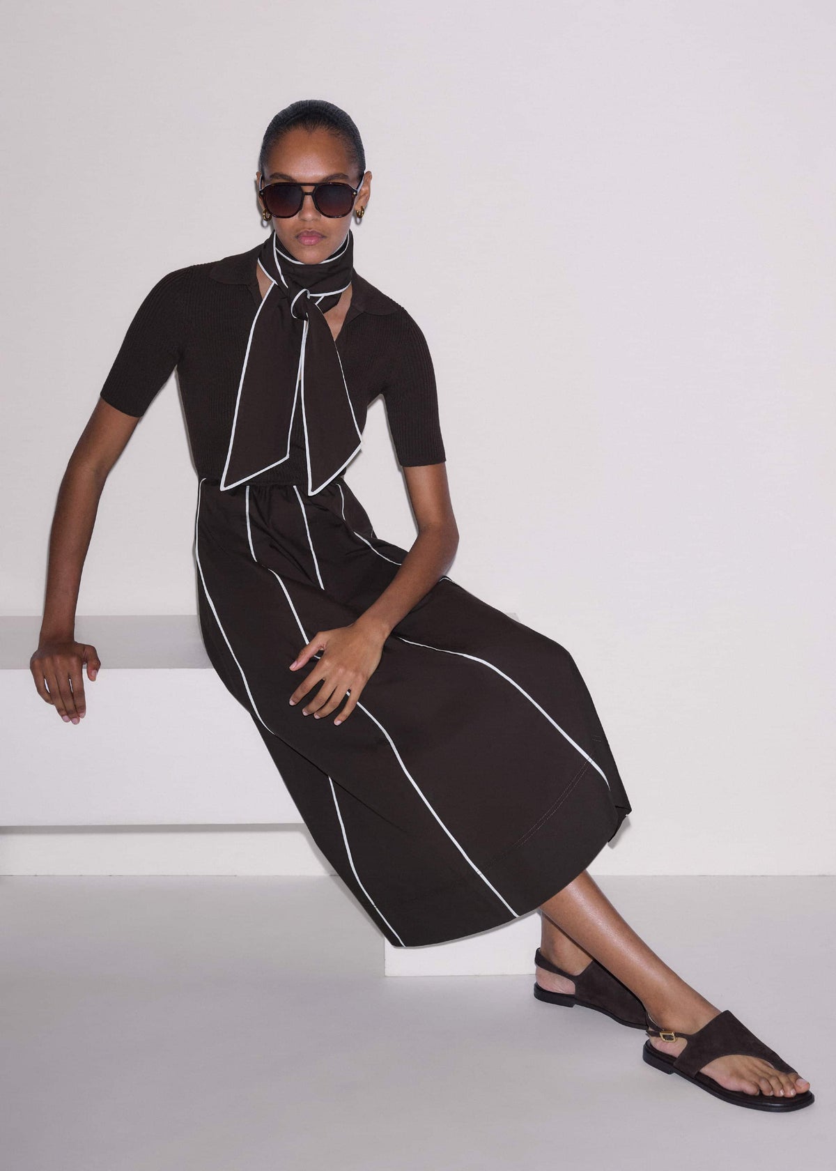 ME+EM Brown Mixed Media Fit And Flare Midi Dress + Belt