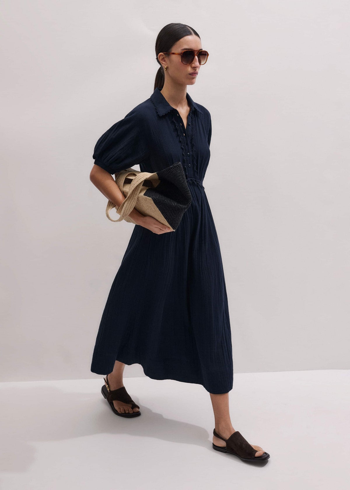 ME+EM Navy Cheesecloth Intricate Detail Fit + Flare Midi Dress