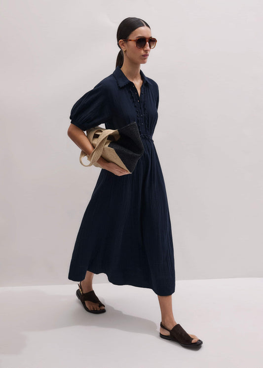 ME+EM Navy Cheesecloth Intricate Detail Fit + Flare Midi Dress