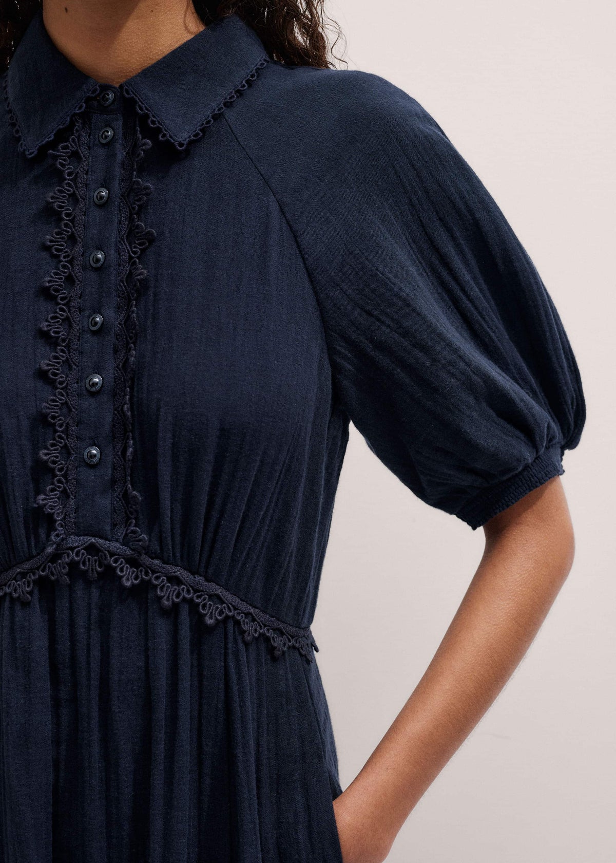ME+EM Navy Cheesecloth Intricate Detail Fit + Flare Midi Dress