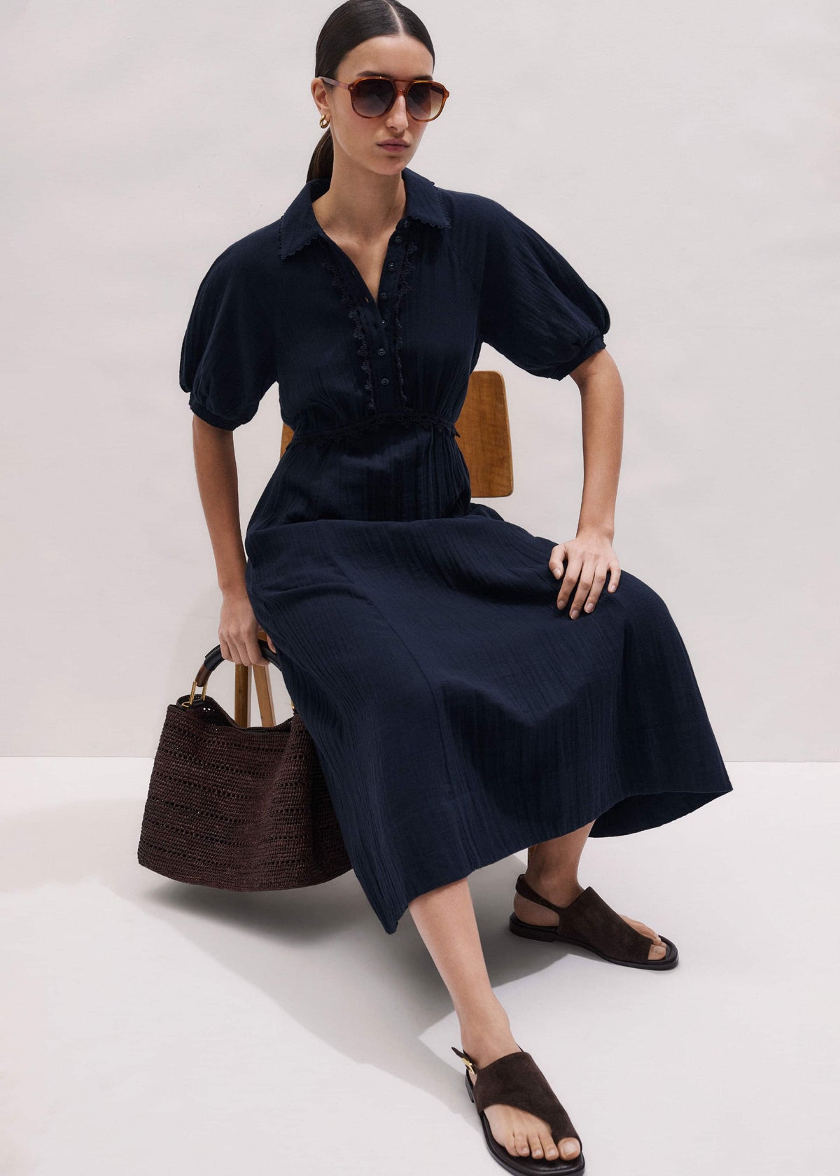 ME+EM Navy Cheesecloth Intricate Detail Fit + Flare Midi Dress