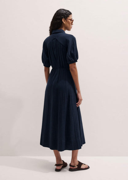 ME+EM Navy Cheesecloth Intricate Detail Fit + Flare Midi Dress