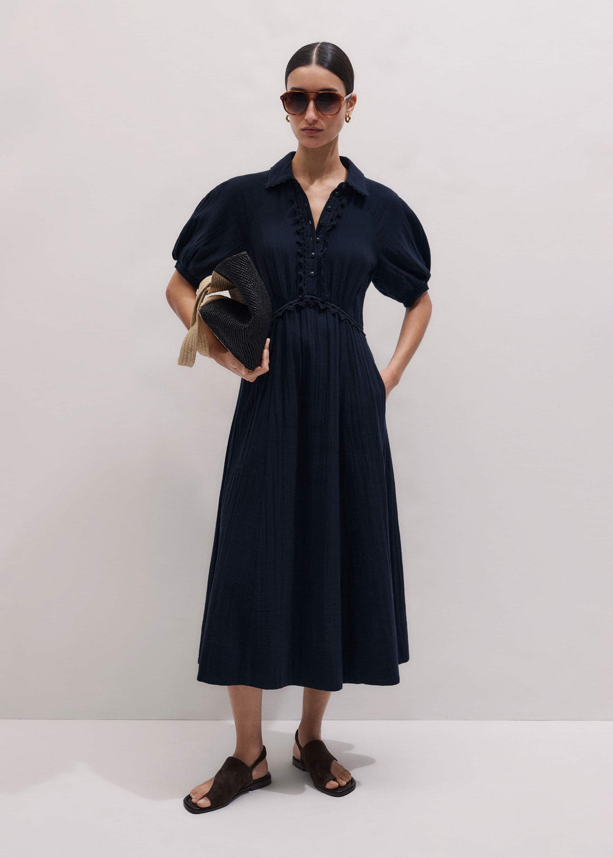 ME+EM Navy Cheesecloth Intricate Detail Fit + Flare Midi Dress
