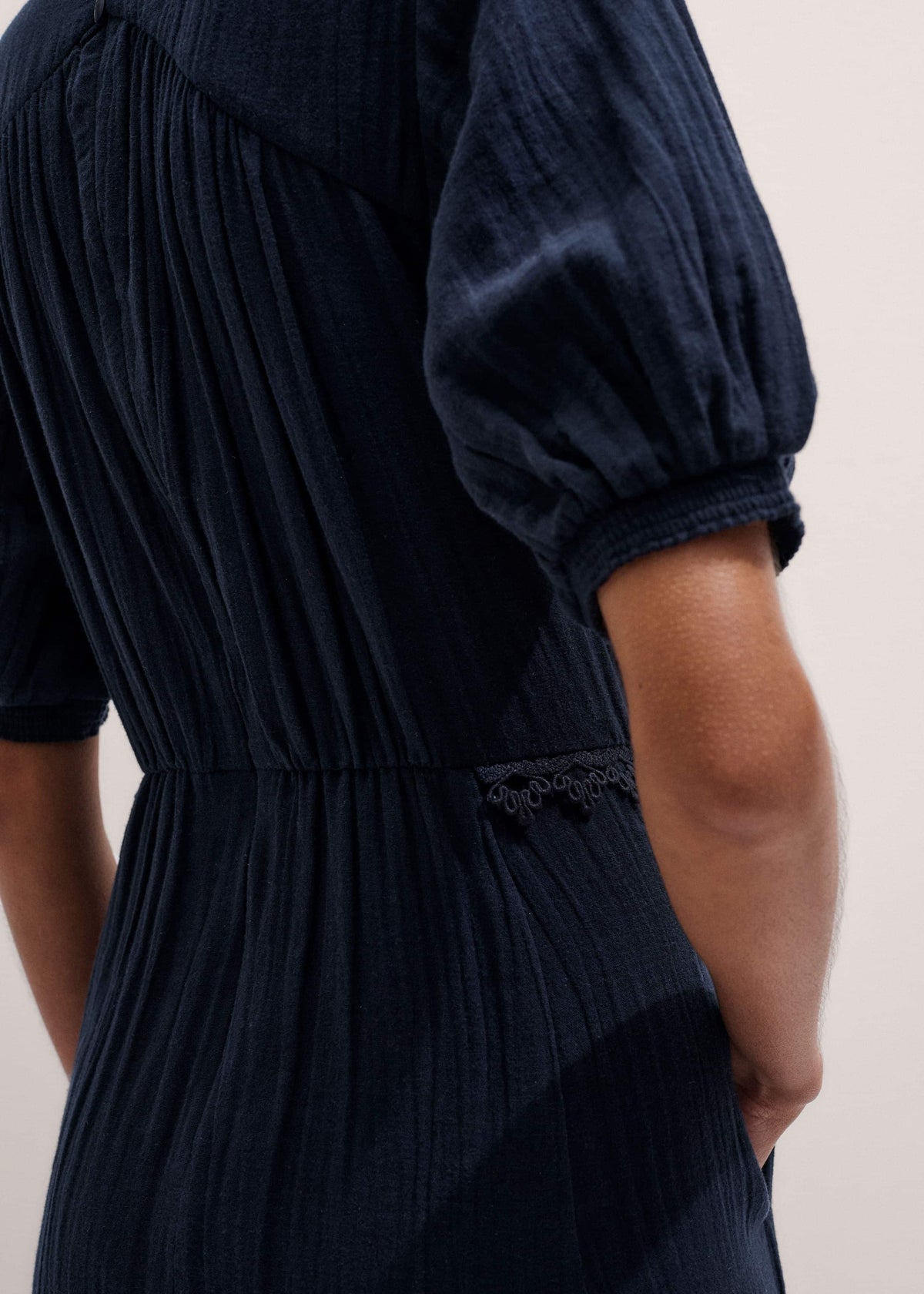 ME+EM Navy Cheesecloth Intricate Detail Fit + Flare Midi Dress