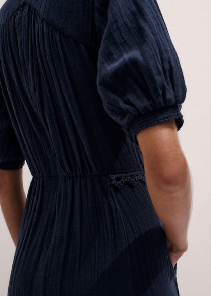ME+EM Navy Cheesecloth Intricate Detail Fit + Flare Midi Dress