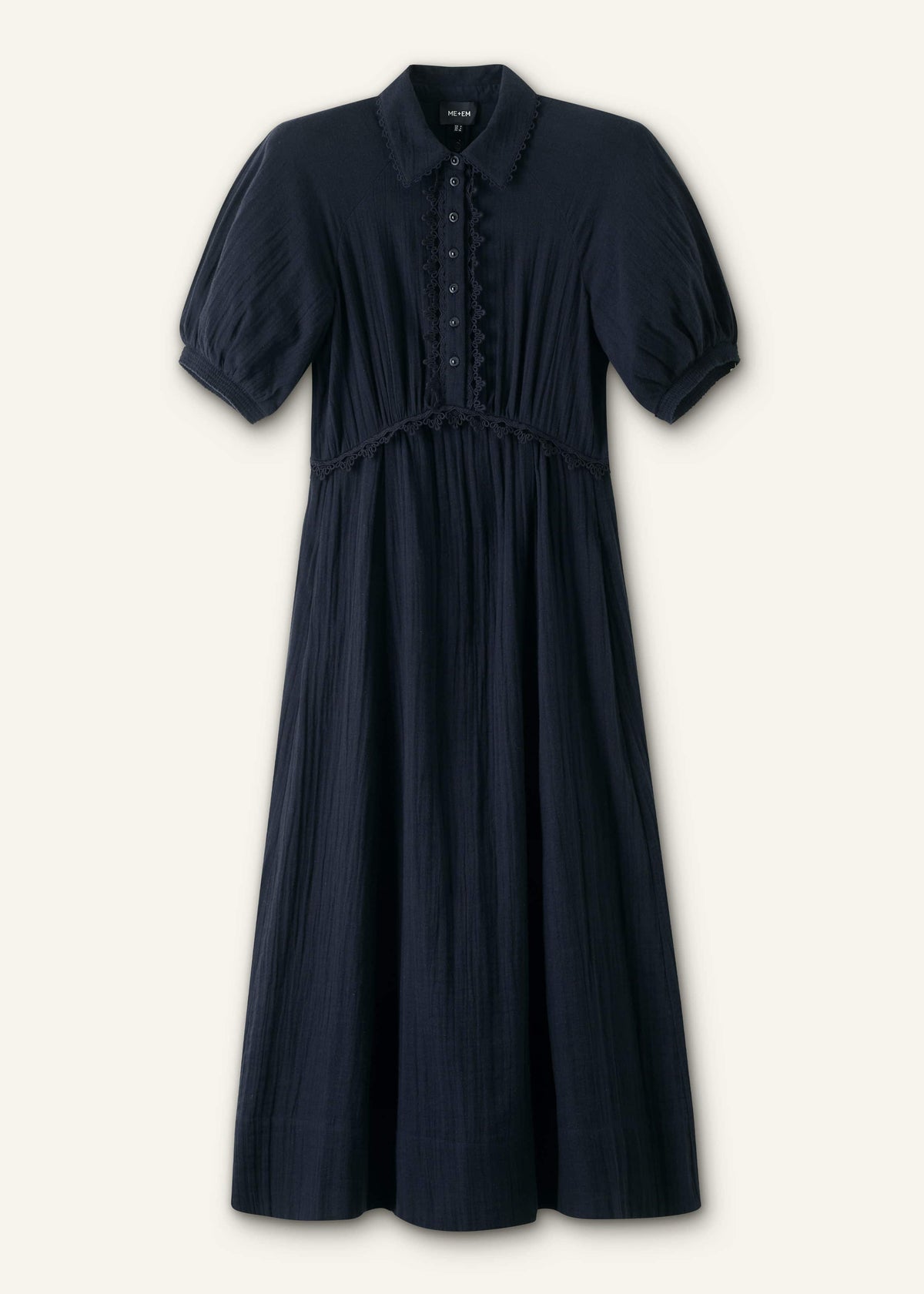 ME+EM Navy Cheesecloth Intricate Detail Fit + Flare Midi Dress