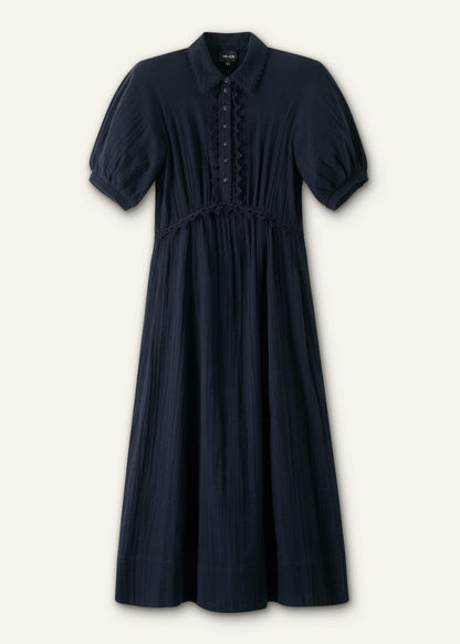ME+EM Navy Cheesecloth Intricate Detail Fit + Flare Midi Dress