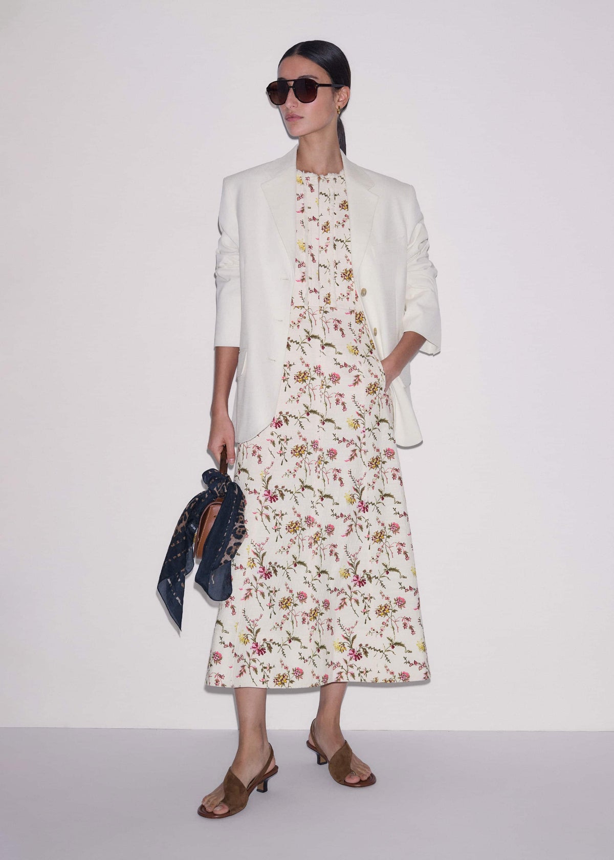 ME+EM Cream Wild Spring Floral Print Fit + Flare Midi Dress
