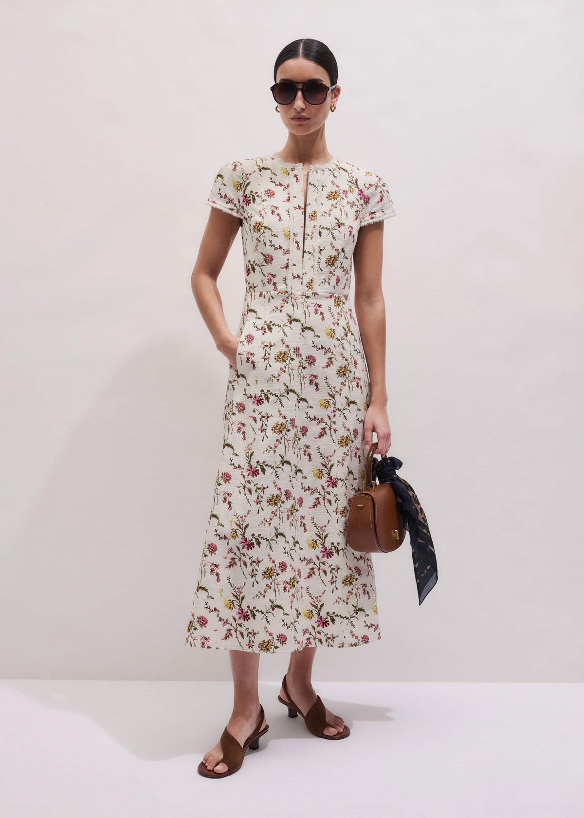 ME+EM Cream Wild Spring Floral Print Fit + Flare Midi Dress