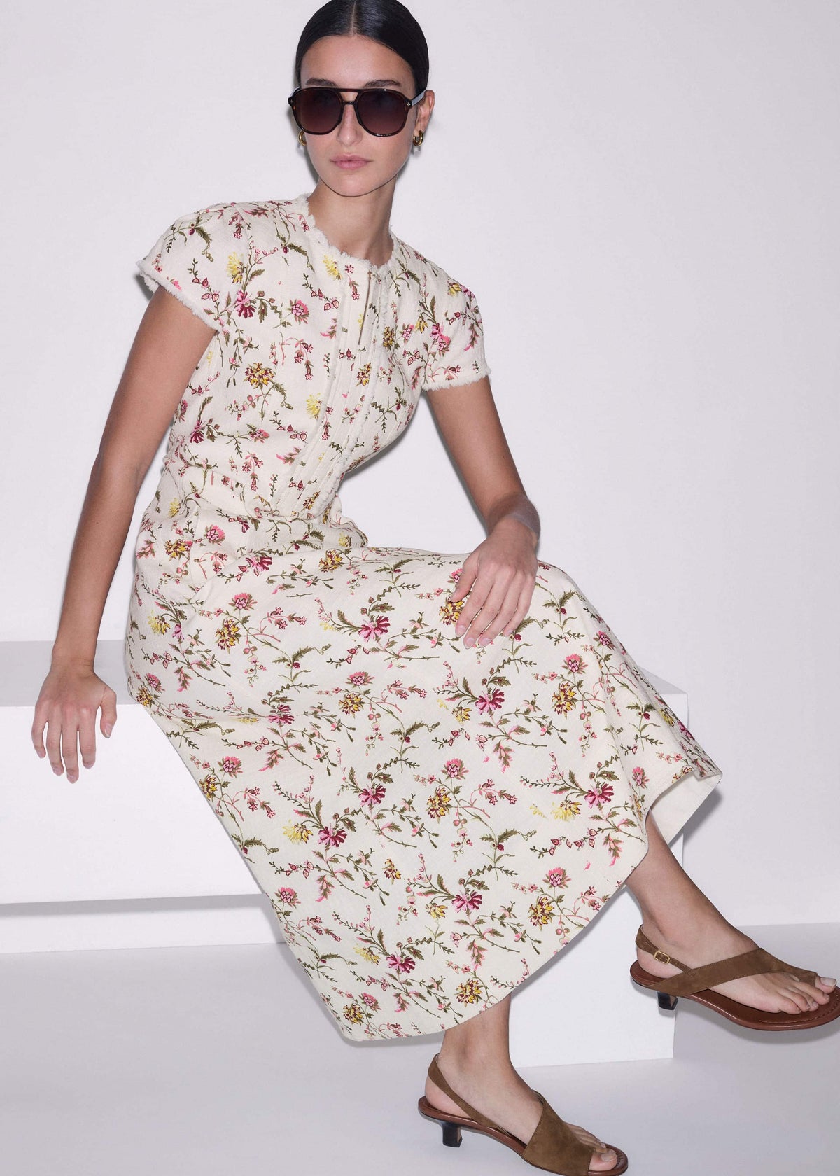 ME+EM Cream Wild Spring Floral Print Fit + Flare Midi Dress