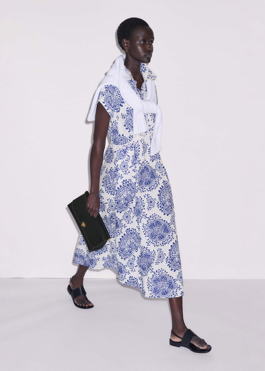 ME+EM White Cheesecloth Fit + Flare In-Full-Bloom Print Midi Dress