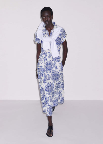 ME+EM White Cheesecloth Fit + Flare In-Full-Bloom Print Midi Dress