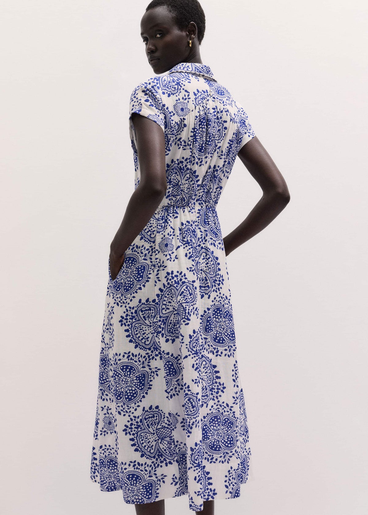 ME+EM White Cheesecloth Fit + Flare In-Full-Bloom Print Midi Dress
