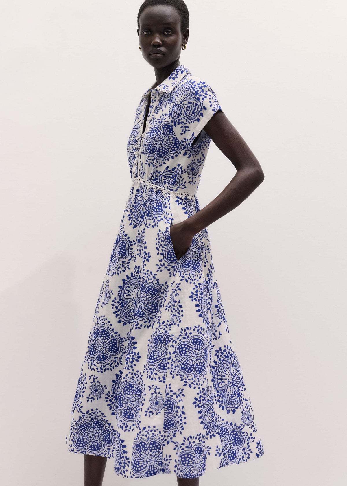 ME+EM White Cheesecloth Fit + Flare In-Full-Bloom Print Midi Dress
