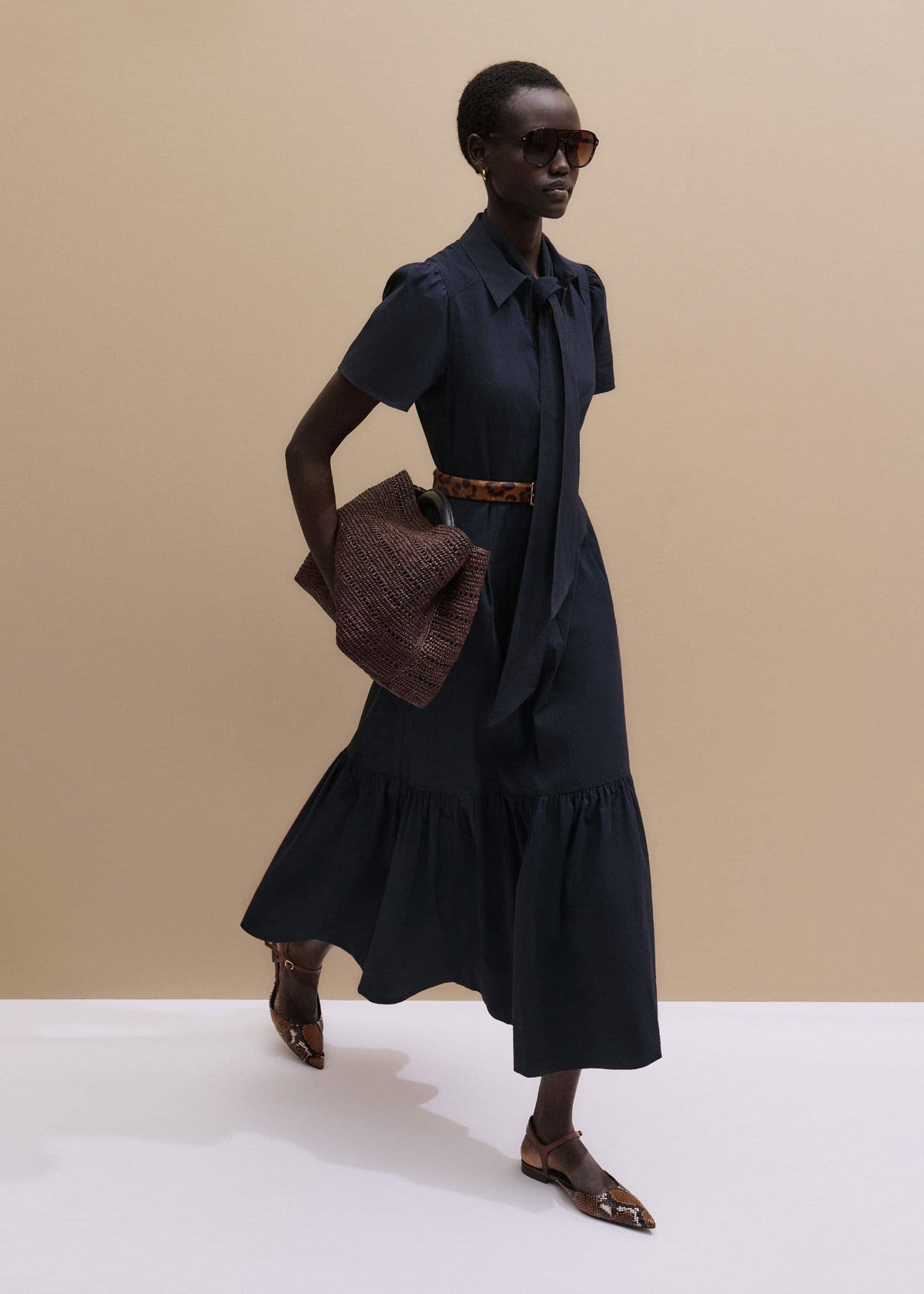 ME+EM Navy Cotton Seersucker Fit + Flare Midi Dress