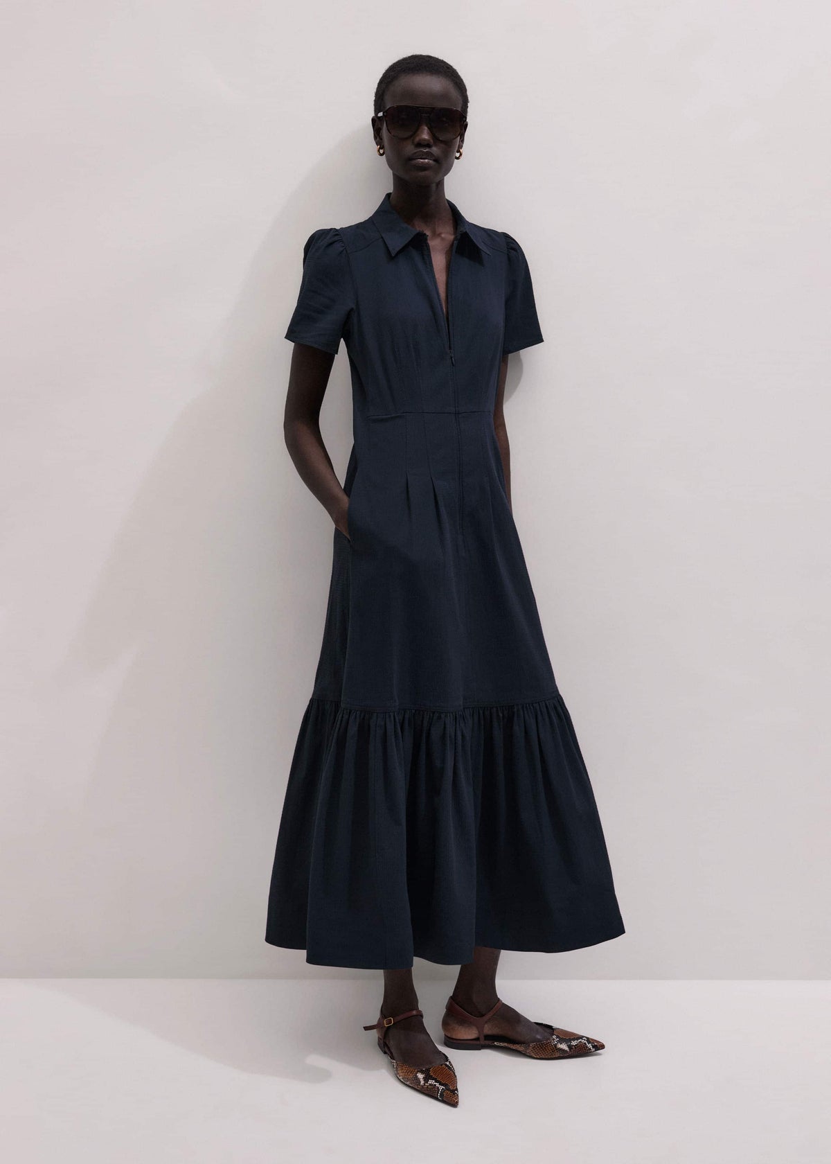 ME+EM Navy Cotton Seersucker Fit + Flare Midi Dress