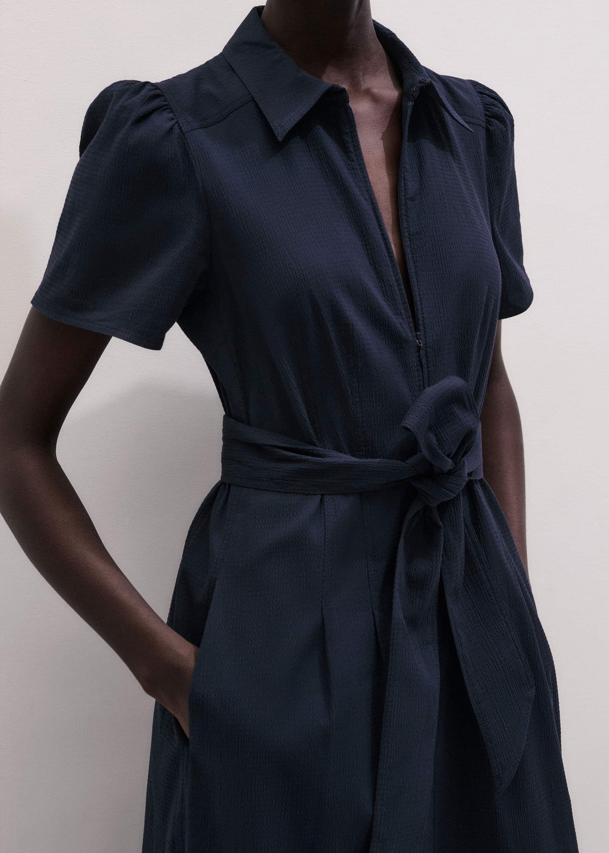 ME+EM Navy Cotton Seersucker Fit + Flare Midi Dress