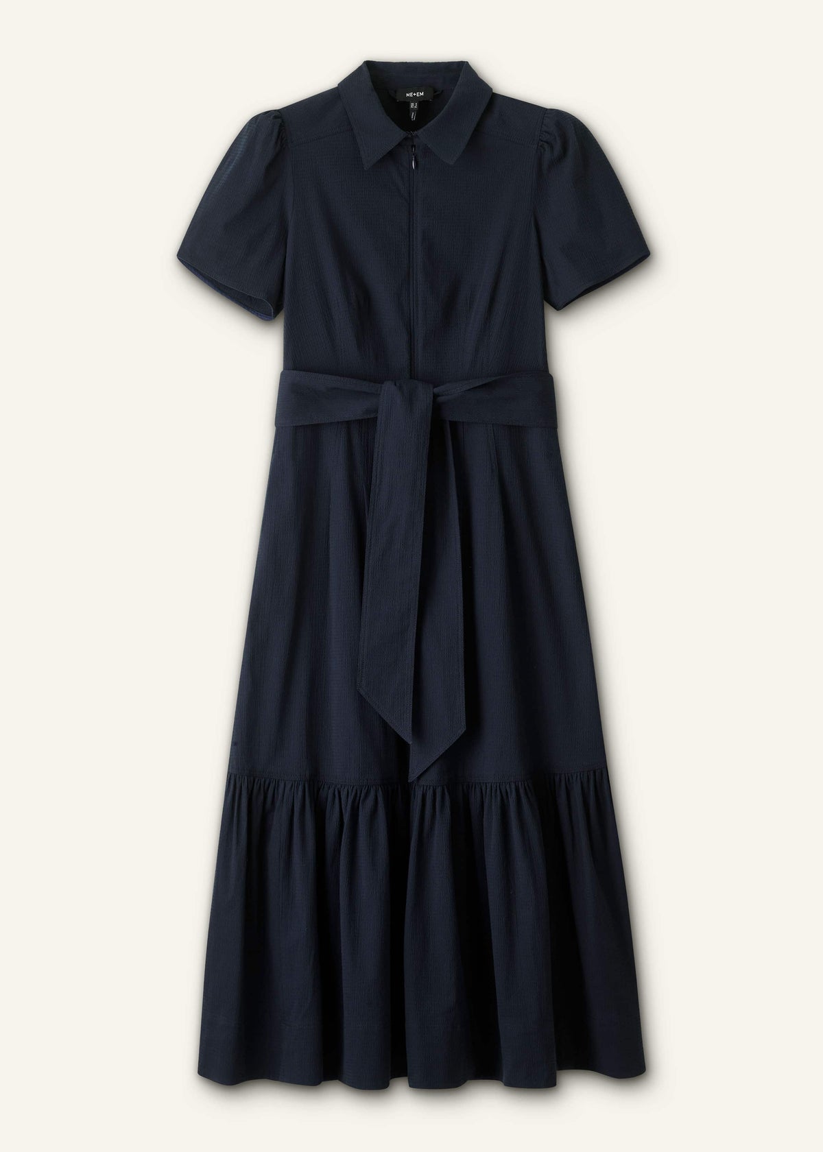 ME+EM Navy Cotton Seersucker Fit + Flare Midi Dress
