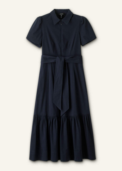 ME+EM Navy Cotton Seersucker Fit + Flare Midi Dress