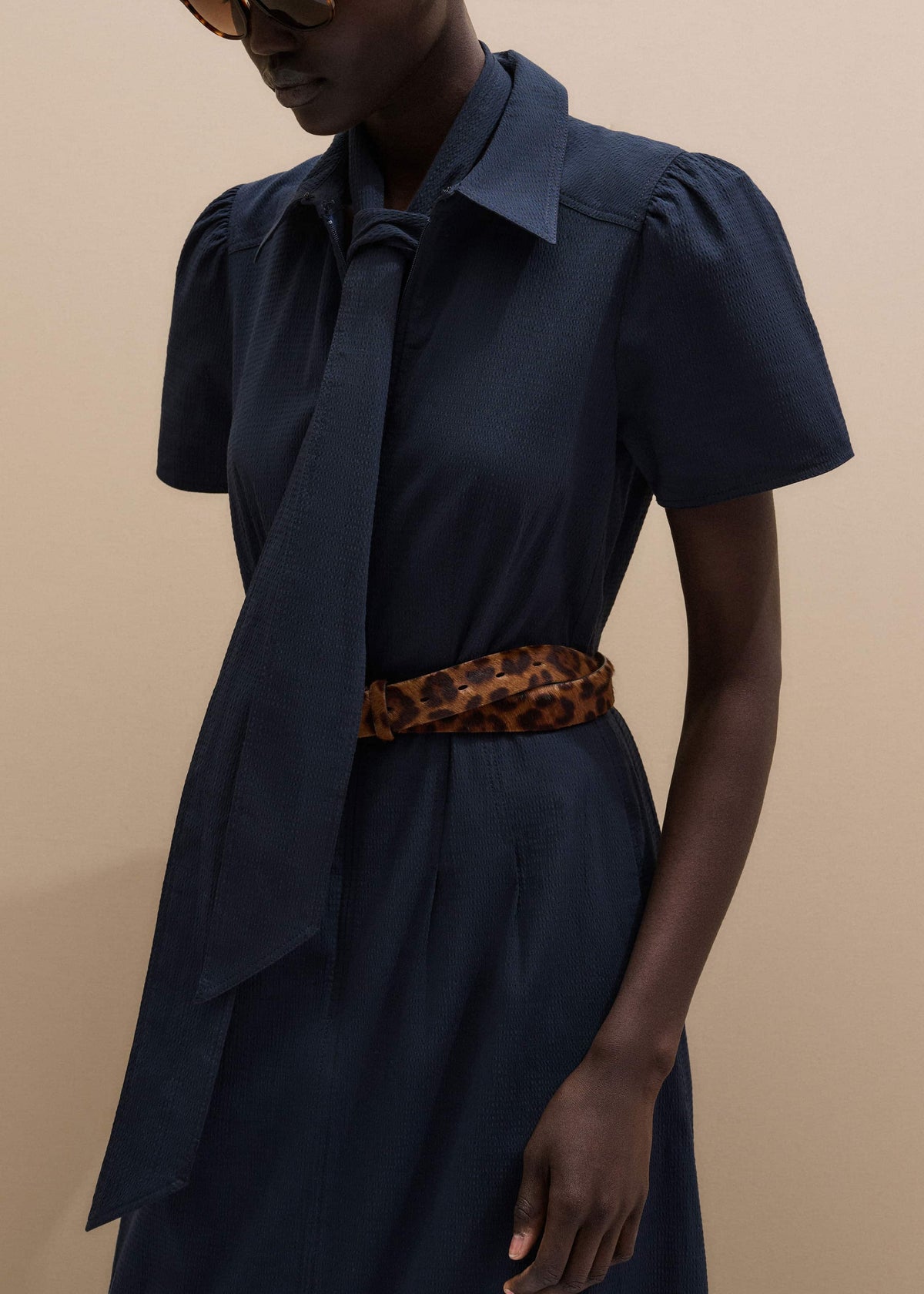 ME+EM Navy Cotton Seersucker Fit + Flare Midi Dress