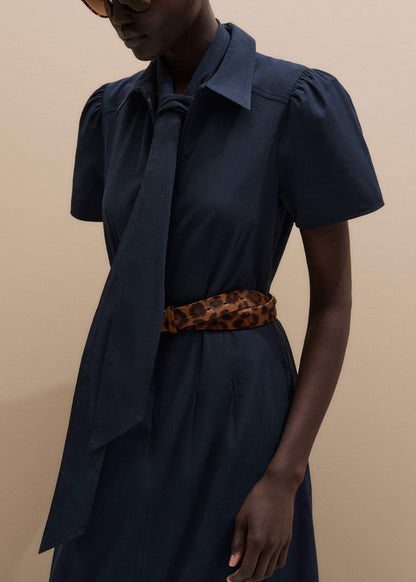 ME+EM Navy Cotton Seersucker Fit + Flare Midi Dress