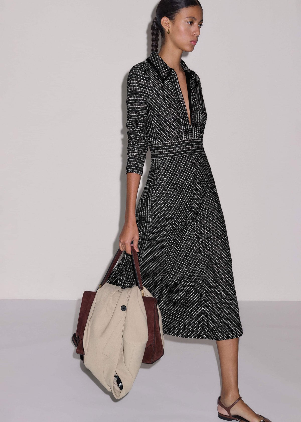 ME+EM Black Stripe Tweed Midi Dress