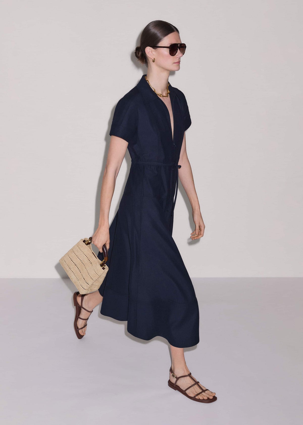 ME+EM Navy Fit + Flare Shirt Midi Dress