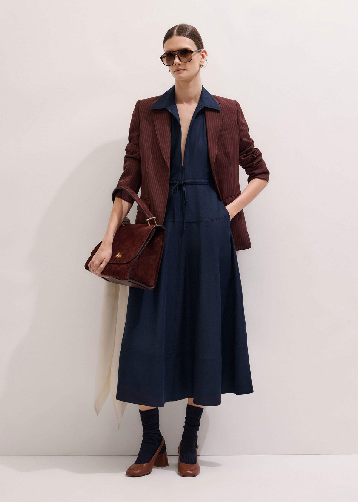 ME+EM Navy Fit + Flare Shirt Midi Dress