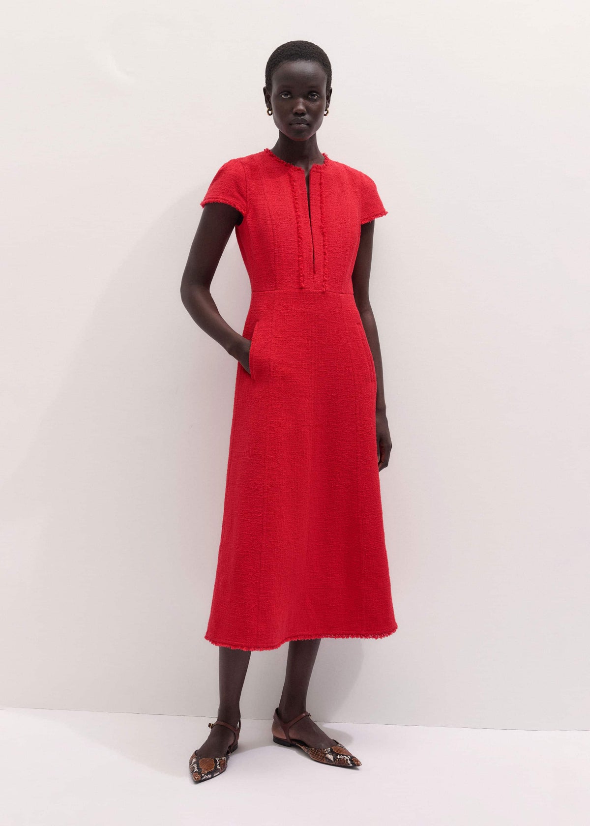 ME+EM Red Fringe Detail Fit + Flare Midi Dress