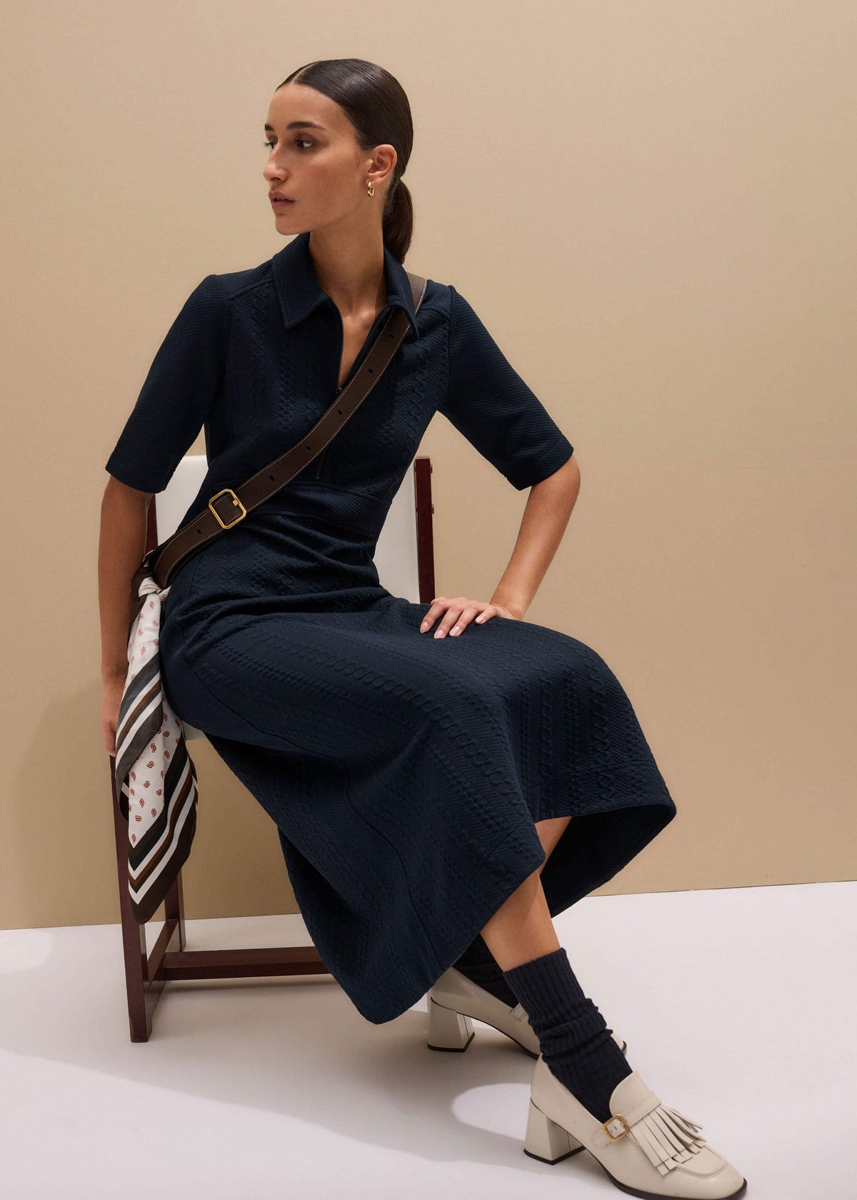 ME+EM Navy Cable Jacquard Half-Zip Midi Dress