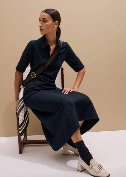 ME+EM Navy Cable Jacquard Half-Zip Midi Dress