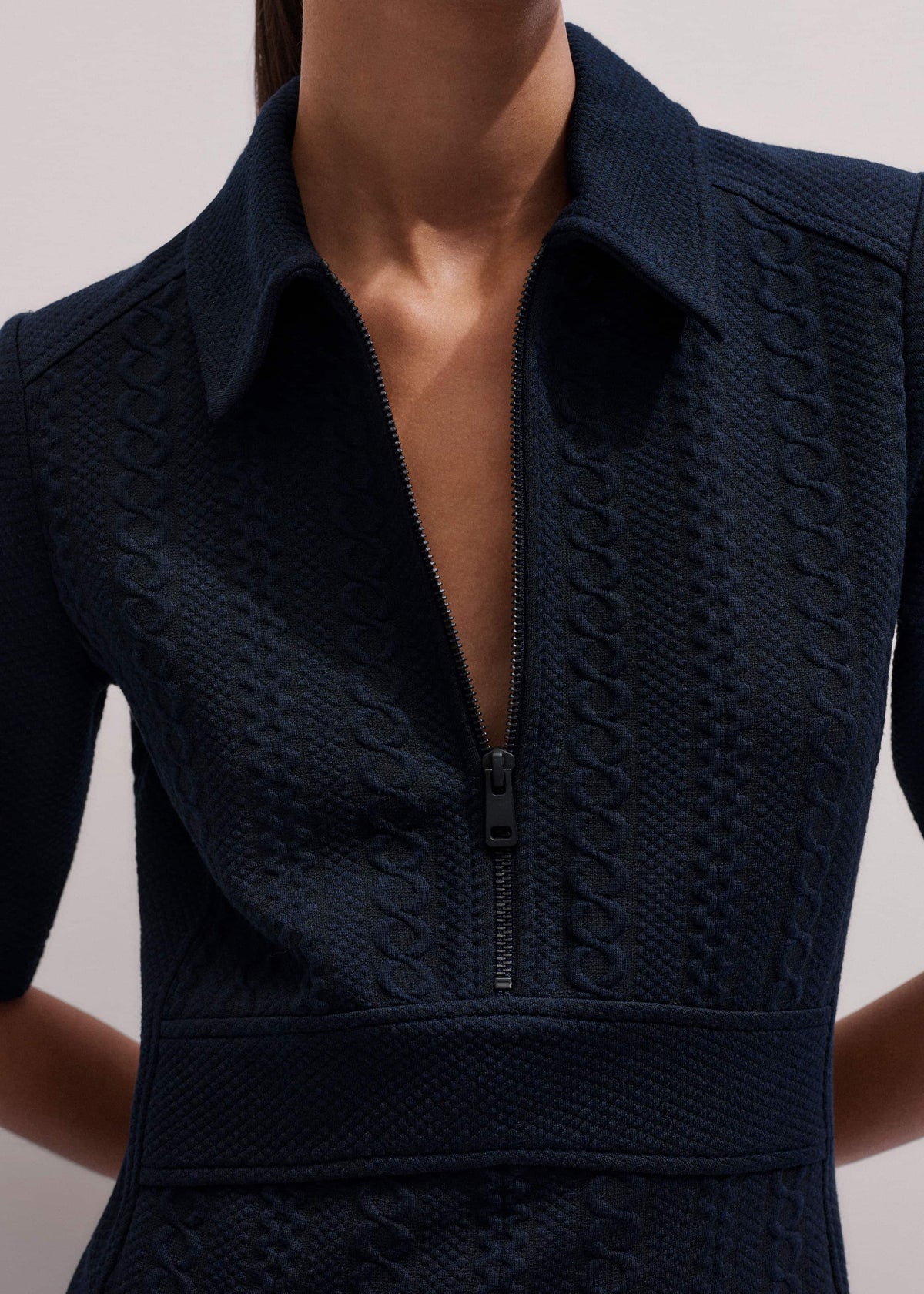 ME+EM Navy Cable Jacquard Half-Zip Midi Dress