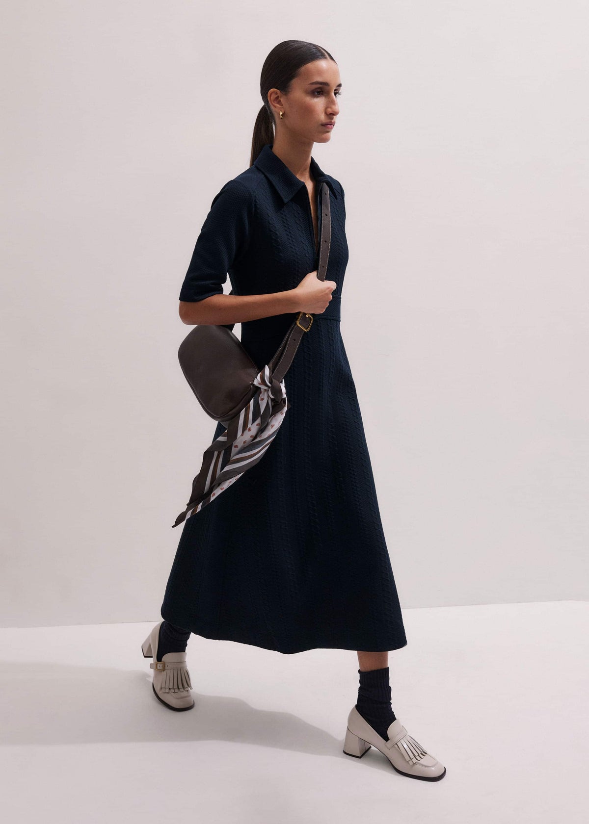ME+EM Navy Cable Jacquard Half-Zip Midi Dress