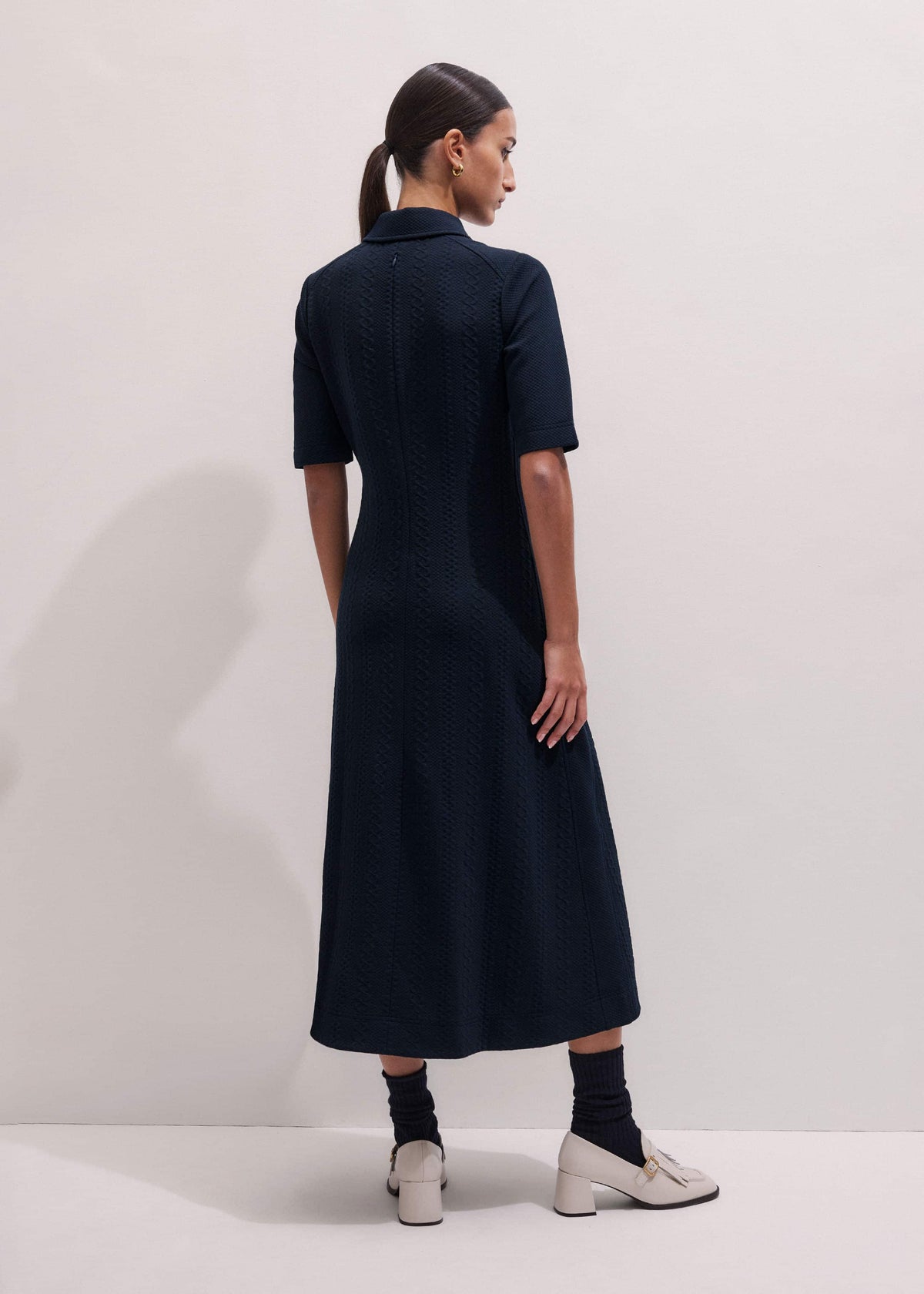ME+EM Navy Cable Jacquard Half-Zip Midi Dress