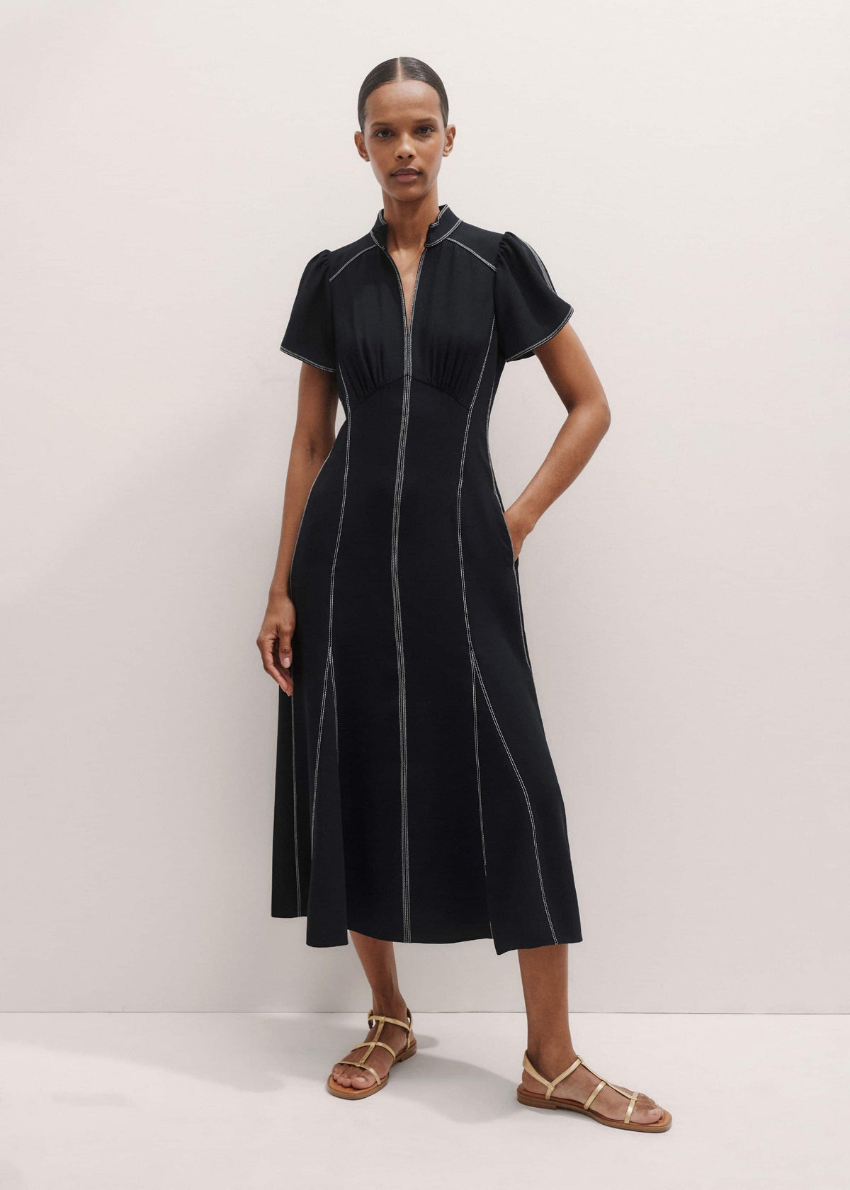 ME+EM Black Contrast Stitch Midi Dress