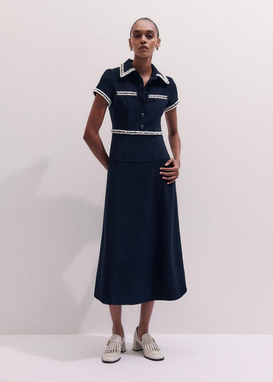 ME+EM Navy Fit + Flare Fray Trim Midi Dress