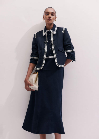 ME+EM Navy Fit + Flare Fray Trim Midi Dress