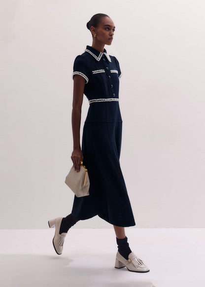 ME+EM Navy Fit + Flare Fray Trim Midi Dress