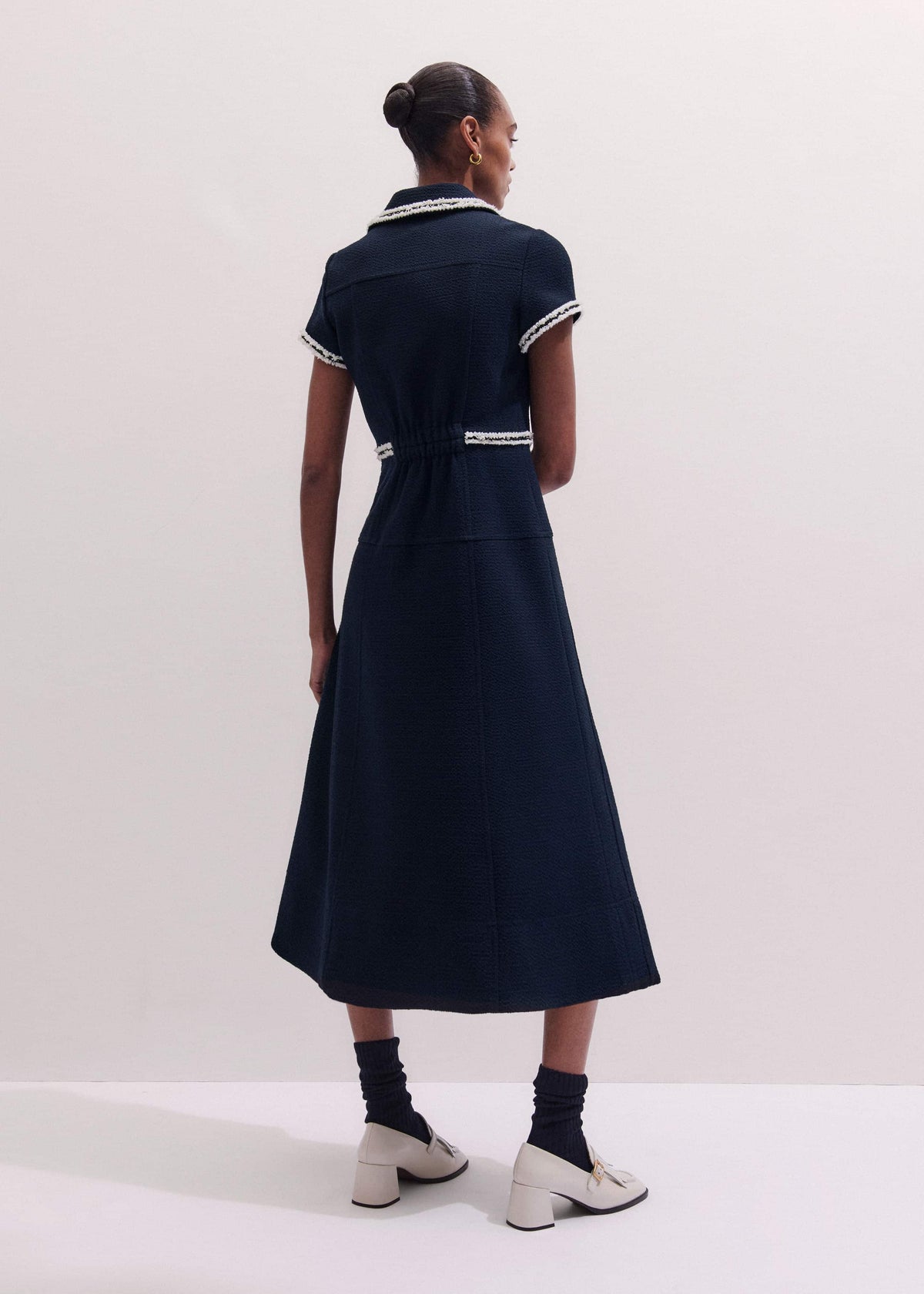 ME+EM Navy Fit + Flare Fray Trim Midi Dress